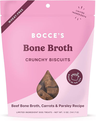 Bocce's Bakery Oven Baked Bone Broth Treats for Dogs, Wheat-Free Everyday Dog Treats, Made with Real Ingredients, Baked in The USA, Natural Biscuits, Beef Bone Broth, Carrots, & Parsley, 5 oz