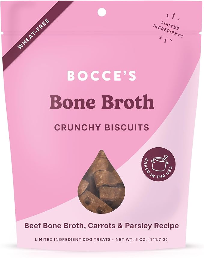 Bocce's Bakery Oven Baked Bone Broth Treats for Dogs, Wheat-Free Everyday Dog Treats, Made with Real Ingredients, Baked in The USA, Natural Biscuits, Beef Bone Broth, Carrots, & Parsley, 5 oz