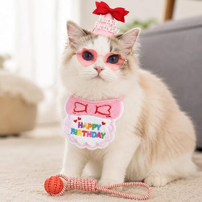 Pet Birthday Outfit for Girl Dog & Cat, 34PCS Puppy Birthday Party Costume with Pink Birthday Hat, Heart Sunglasses & Bandana Bib, Cute Birthday Supplies for Dog Girl Party