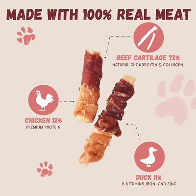 Pawmate Dog Treats Chicken & Duck Wrapped Beef Cartilages, Long Lasting Dog Bones Rawhide Free & Grain Free, Low Fat Dog Chews for Medium Large Breed Dogs, 10.6 oz