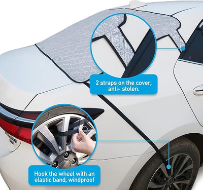 Car Rear Windshield Snow Ice Cover, Windproof Rear Windscreen Snow Cover with 2 Elastic Hooks, 4 Magnets, All-Weather Waterproof Winter Ice Frost Snow Protector for Most Sedans Cars