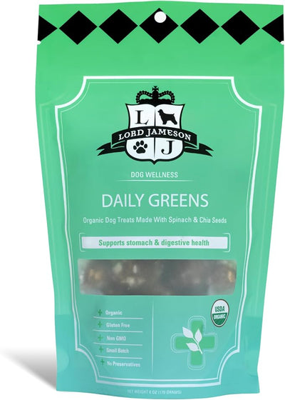 Lord Jameson Daily Greens Soft & Chewy Organic Dog Treats - Digestion Supporting Spinach, Dandelion, & Ginger - No-Bake, Gluten-Free, Preservative-Free, USDA Certified Organic - Made In USA 6 oz