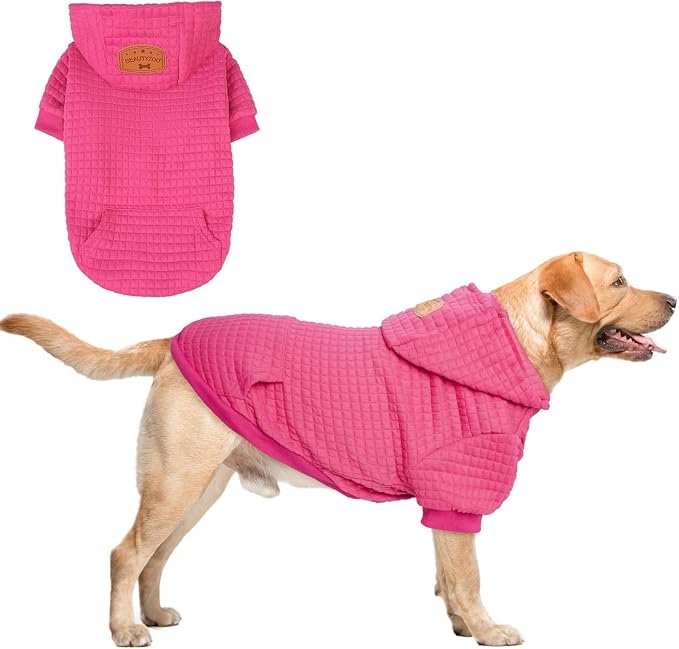 BEAUTYZOO Medium Dog Hoodie Sweater with Pockets, Dog Clothes for Small Medium Dogs Boy Girl, Waffle-Like Laminated Cotton Pet Coats with Hat and Leash Hole, Rose Pink XL