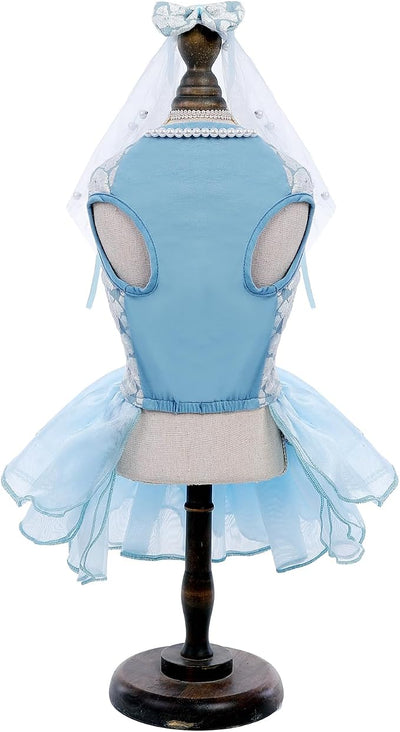ASENKU Dog Dress, Dog Wedding Dress, Pet Lace Princess Dress with Bows for Wedding Birthday Party, Puppy Formal Apparel with Pearl Necklace for Large Dogs (Blue, X-Large)