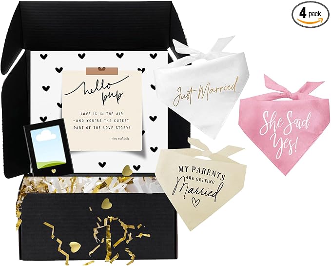 Dog Bridal, Wedding Gift Box – 3 Cotton Bandanas (My Parents are Getting Married, Just Married, She Said Yes!) & Magnetic Photo Frame 2.5" x3,5 |Baby Pink, One Size (332)