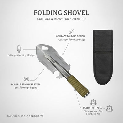 Folding Shovel Stainless Steel Compact Digging Tool for Camping Snow Clearing Car Storage (1 PC)