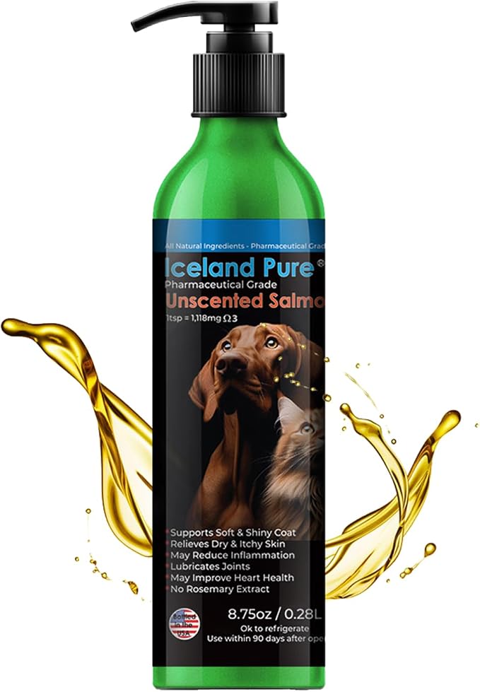 Iceland Pure Salmon Oil | Unscented Pharmaceutical Grade | 1118mg of Omega-3 per teaspoon | Liquid Food Supplement For Dogs and Cats | BPA-Free Brushed Aluminum Epoxy coated Bottle with Pump 8.75oz