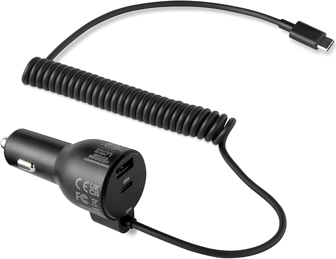 Fast-Charging Car Charger, 60W, 1 USB-C Port (30W), 1 USB-A Port, 1 Built-in Coiled USB-C Cable (30W), Black
