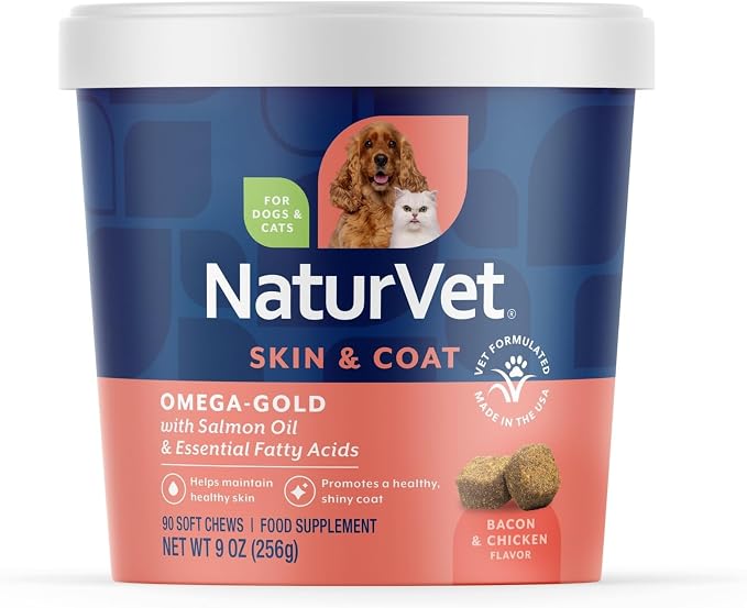 Omega-Gold Plus Salmon Oil | Supports Healthy Skin & Glossy Coat | Enhanced with DHA, EPA, Omega-3 & Omega-6 | for Dogs & Cats | 90 Soft Chews