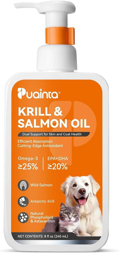 PUAINTA Omega 3 Fish Oil for Dogs & Cats, Wild Icelandic Salmon Oil & Antarctic Krill Oil, EPA DHA Omega 3 Supplement for Skin & Coat Health, Immune Support (8 Fl Oz (Pack of 1))