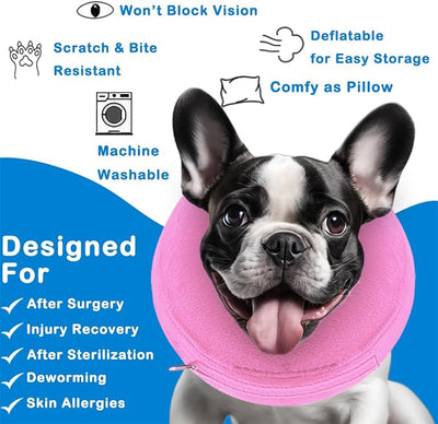 Inflatable Dog Cone Collar, Soft Dog Cone Blow-up Protective Recovery Collar, Pink (L Size)