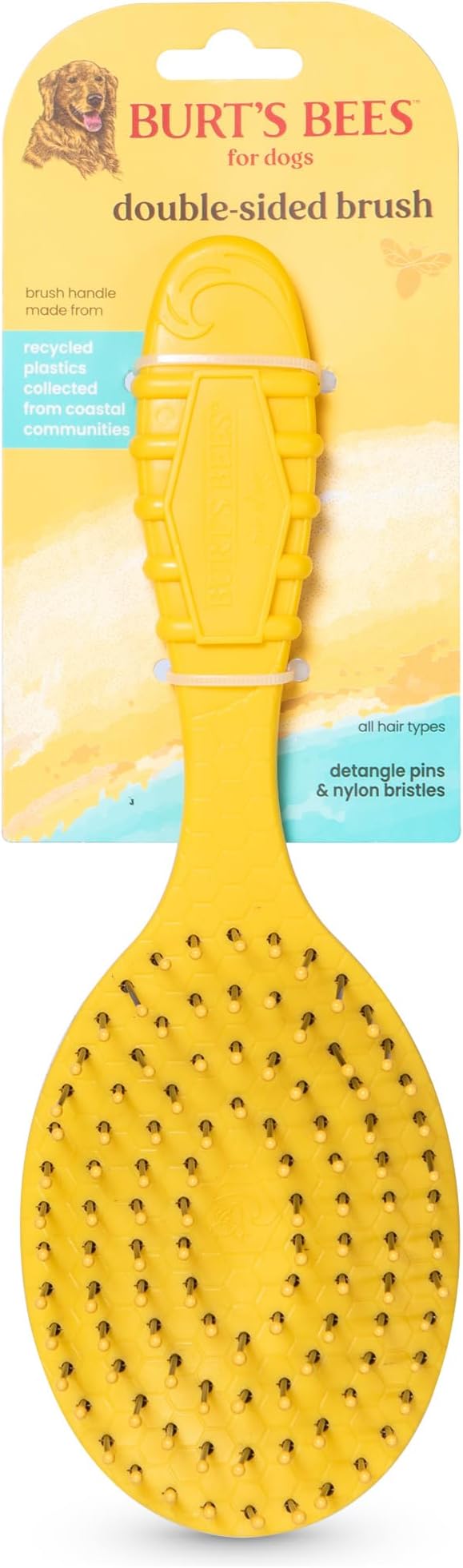 Burt's Bees for Pets Double Sided Brush for Large Dogs with Handle from Recycled Coastal Plastics, Boar Hair Bristle Side and Stainless Steel Pin Side, 2-in-1 Grooming Tool, 9 Inch
