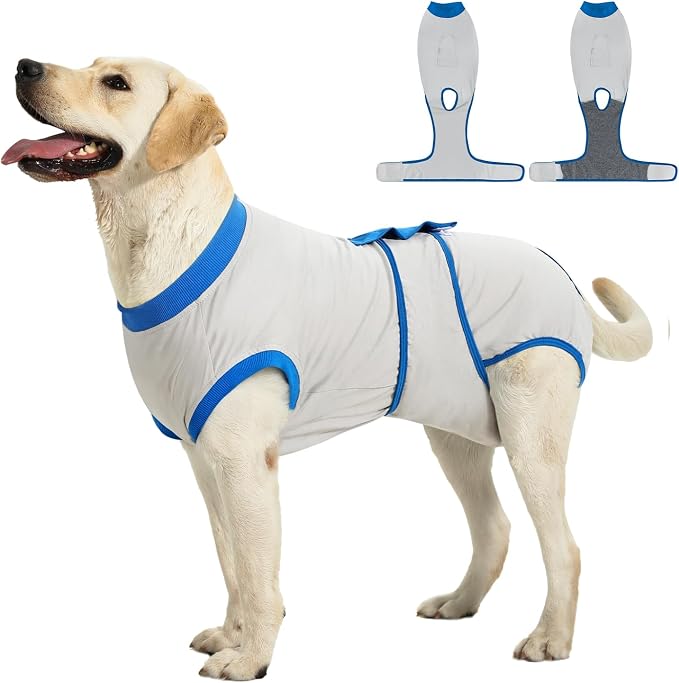 Recovery Suit for Dogs Cats After Surgery, E-Collar & Cone Alternative Surgical Suit, Prevent Licking Dog Onesies Pet Surgery Recovery Suit Soft Dog Bodysuit, Grey Blue, S