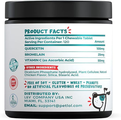 Quercetin for Dogs with Bromelain & Vitamin C – Dog Allergy Relief Chews for Itchy Skin, Seasonal Allergies & Immune Support – Anti Itch Supplement – 120 Chewable Tablets – Made in USA