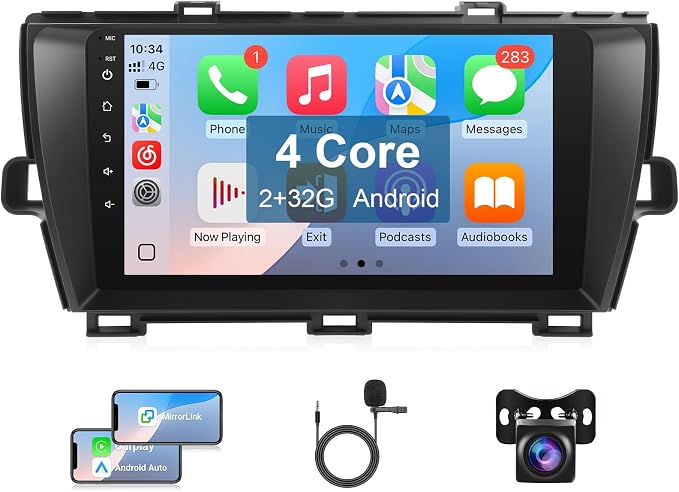 Car Radio for Toyota Prius 2010 2011 2012 2013 2014 2015 Stereo Replacement with Wireless CarPlay Android Auto, 9 Inch Touchscreen with Bluetooth WiFi GPS Navigation Backup Camera MIC 2+32G