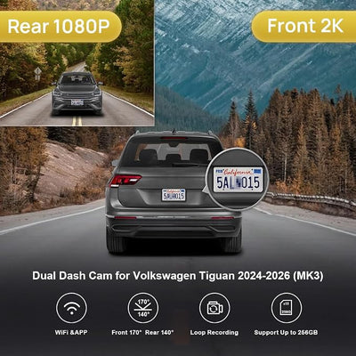 Fitcamx Front 2K+Rear 1080P Dash Cam Adapts for Volkswagen Tiguan 2024-2026 MK3 (Black), OEM Factory Look, Dual HD Video, WiFi & APP, Loop Recording, Parking Mode, Easy to Operate, 64GB Card