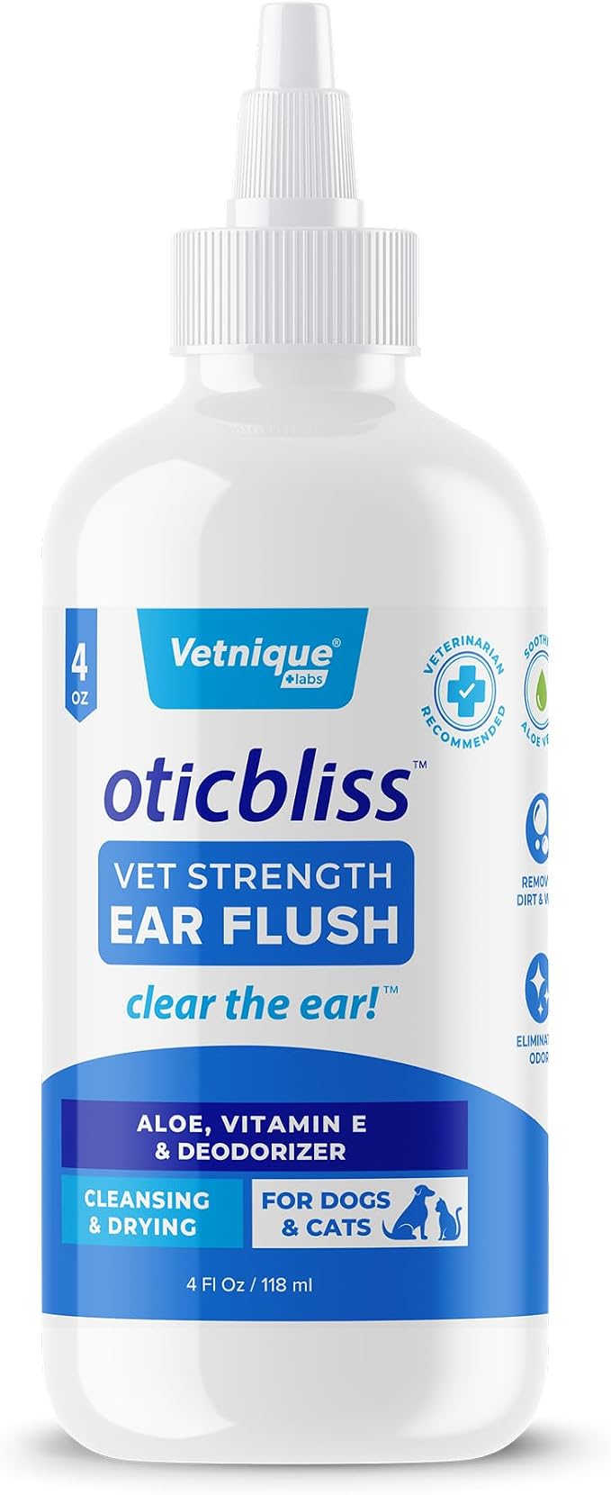 Vetnique Oticbliss Cat & Dog Ear Cleaner & Drying Flush for Wax & Odor | Chloroxylenol, Salicylic Acid & Aloe Vera Flush Cleans Wax, Dirt and Odor and Soothes Itchy Ears; Safe for Dogs and Cats