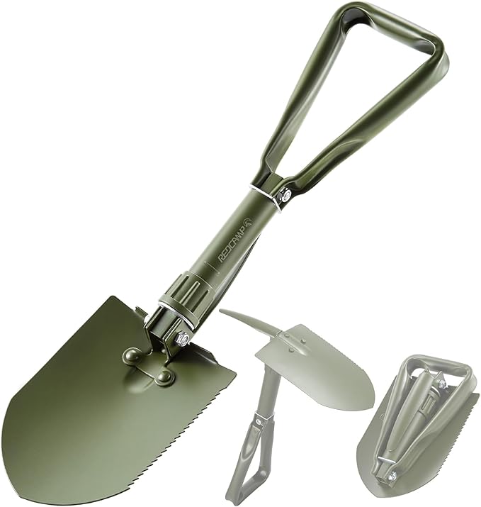 REDCAMP 23" Military Folding Camping Shovel w/Cover,Portable Shovel with High Manganese Steel, Tactical Entrenching Tool Tri-fold Handle Shovel for Camping Hiking Sand Mud Snow Beach, Green 2.5Lbs