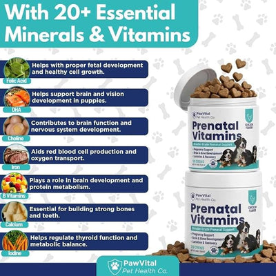 Dog Prenatal Vitamins for Pregnant & Nursing Dogs – 120 Soft Chews with Folic Acid, DHA, Choline, Iron & Calcium – Prenatal Multivitamin Supplement for Puppy Development, Pregnancy & Lactation Support