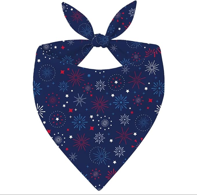 4th of July Dog Bandana, Patriotic Fireworks Night Pet Triangle Scarf for Parade BBQ Party Outfit, Navy Star Neckerchief for Small Medium Dogs, Independence Day Puppy Gift