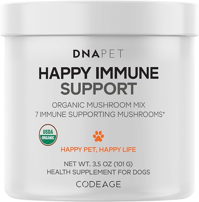 Happy Immune Support Mushroom Powder for Dogs, 7 Mushrooms, 3.5 oz | USDA Certified Organic 7-mushroom powder for dogs. Mixes easily into meals, for all breeds and sizes.