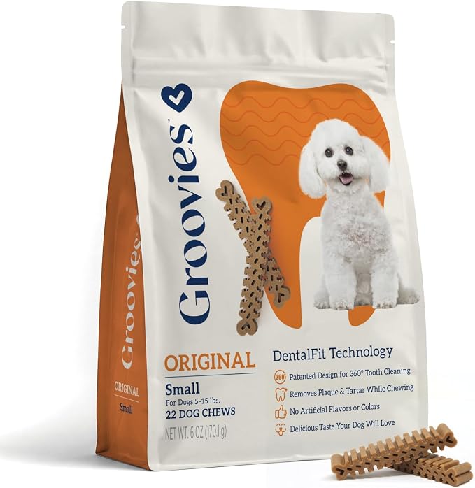 Groovies Dog Dental Treats, Flexible Yet Effective, Patented DentalFit Technology to Help Control Tartar & Freshen Breath, Small Dog Chews (5-15 lbs), USA Manufactured Oral Care, 22 Count