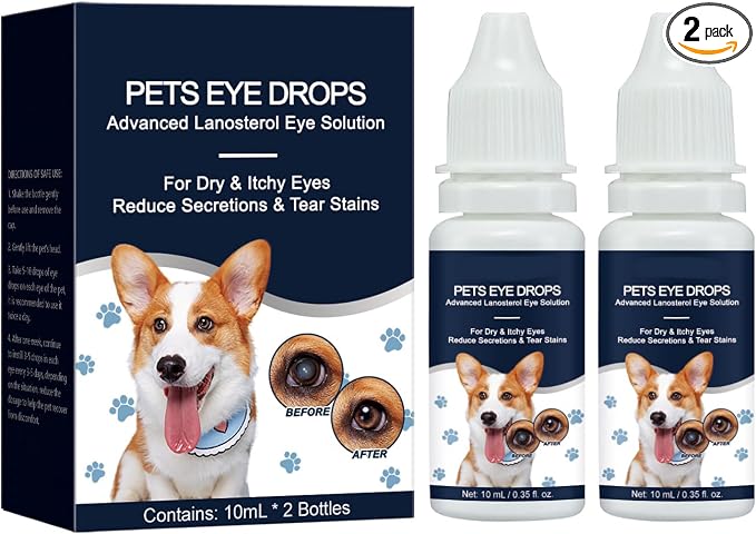 Dog Eye Drops for Dogs and Cats - Cataract Eye Drops with Lanosterol Formula, Pet Eye Wash for Cloudy Itchy Watery Goopy Eyes, Tear Stain Care, Infection Support, Pink Care, All Ages, 2 Pack 2 x 10ml