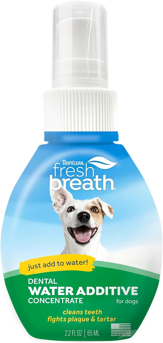 TropiClean Fresh Breath Water Additive Concentrate for Dogs | Breath Freshener and Teeth Cleaning Solution | No Brushing Required | 2.2oz.