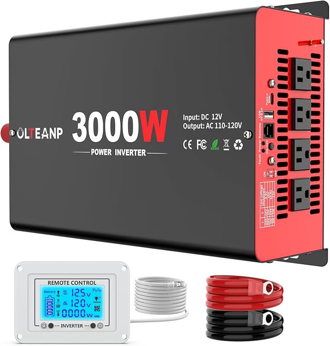 OLTEANP 3000 Watt Power Inverter 12V DC to 110V AC Car Inverter with 4 AC Outlets, 30W Type-C Port, 3.1A USB Port, Remote Controller on LCD Screen, Power Converter for Truck, Home, Vehicles,Trip