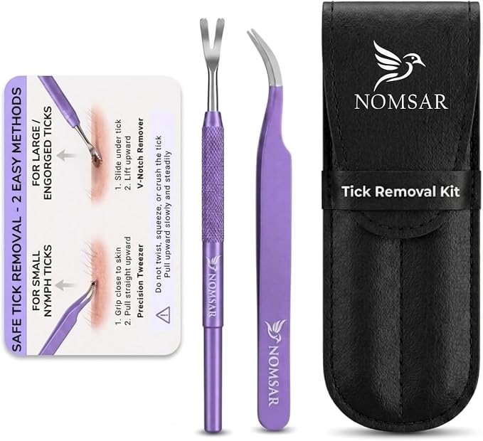 Premium Tick Removal Tool Kit – Stainless Steel Tick Tweezers & V-Notch Remover, Tick Remover for Dogs & Humans with Leather Case & Tick Identification Card (Purple)