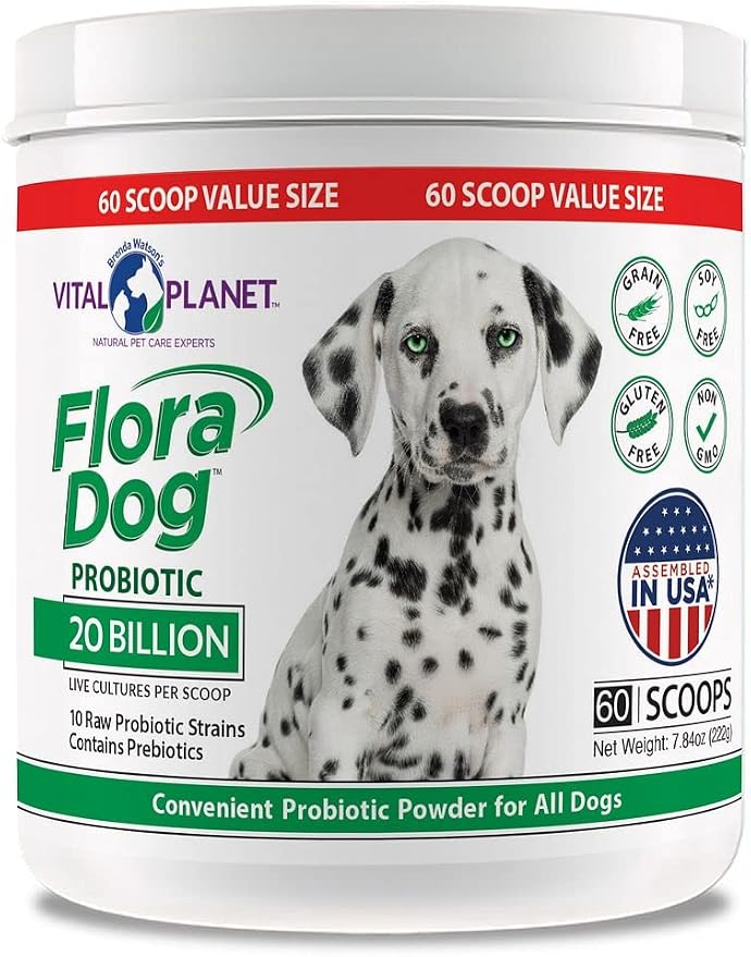 Flora Dog Probiotic Powder Supplement with 20 Billion Cultures and 10 Strains, High Potency Immune and Digestive Support Probiotics for Dogs, 7.84 oz., 222 Grams, 60 Servings
