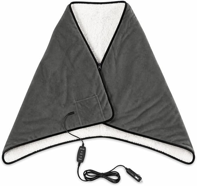 Sojoy 12V Heated Car Blanket with Zipper Wearable Design, Flannel Sherpa Electric Blanket for Car Truck SUV RV Van, Portable Heated Shawl, Dark Gray