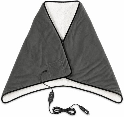 Sojoy 12V Heated Car Blanket with Zipper Wearable Design, Flannel Sherpa Electric Blanket for Car Truck SUV RV Van, Portable Heated Shawl, Dark Gray