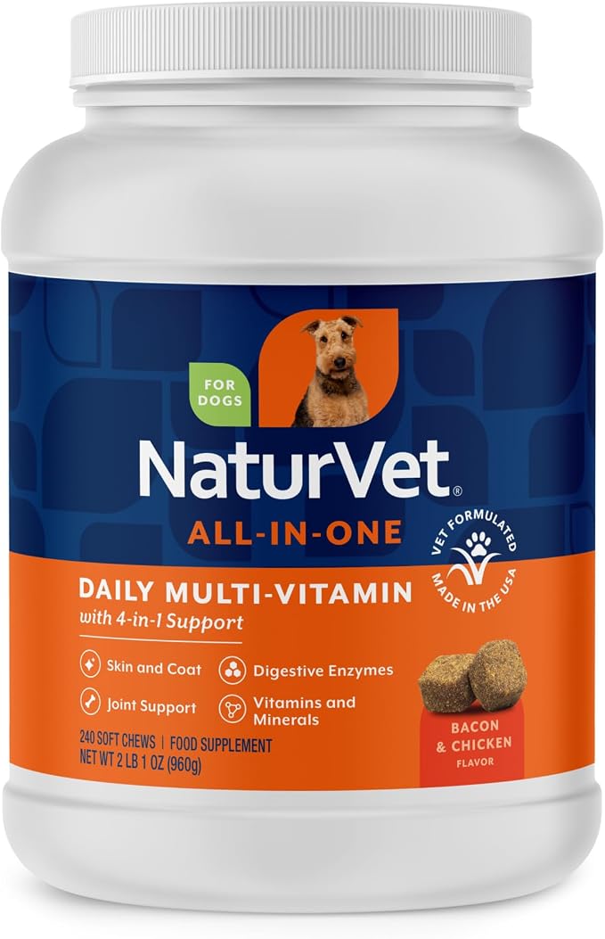 All-in-One Dog Supplement - for Joint Support, Digestion, Skin, Coat Care – Dog Multivitamins with Minerals, Omega-3, 6, 9 – Wheat-Free Vitamins for Dogs – 240 Soft Chews