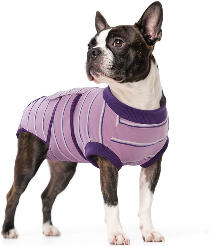 Dog Surgery Recovery Suit, Soft Breathable Dog Recovery Suit for Female Spay Male Nueuter, Anti Licking Puppy Onesie Pet Surgical Suit for Dogs Abdominal Wounds Skin Disease, Purple Strips S