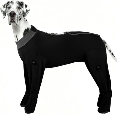 ROZKITCH Dog Leg Recovery Shirt with Socks, Dog Prevent Licking Shedding with Feet, Post-Surgery Bodysuit with Four Legs Adjustable Drawstrings for Extra Large Dogs, Cone Alternative Black 5XL
