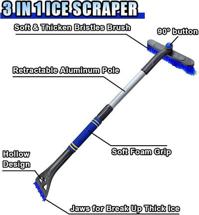 31.5" Detachable Snow Brush and Ice Scraper for Car Windshield, 2-in-1 Winter Snow Removal Tool with Extendable, 360° Rotating Soft Bristle Brush Head and Foam Grip for Most Vehicles (2PCS&Blue)