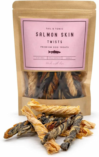 TAIL & TONIC Salmon Skin Dog Treats - Single Ingredient Dog Treats, Air-Dried Chewy Fish Skins for Dogs, High Protein, Omega-3 Rich Dental Chews, Twist