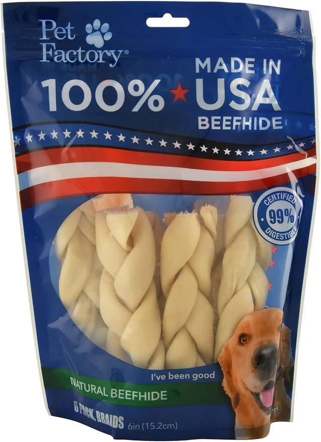 100% Made in USA Beefhide 7" Braided Sticks Dog Chew Treats - Natural Flavor, 6 Count/1 Pack