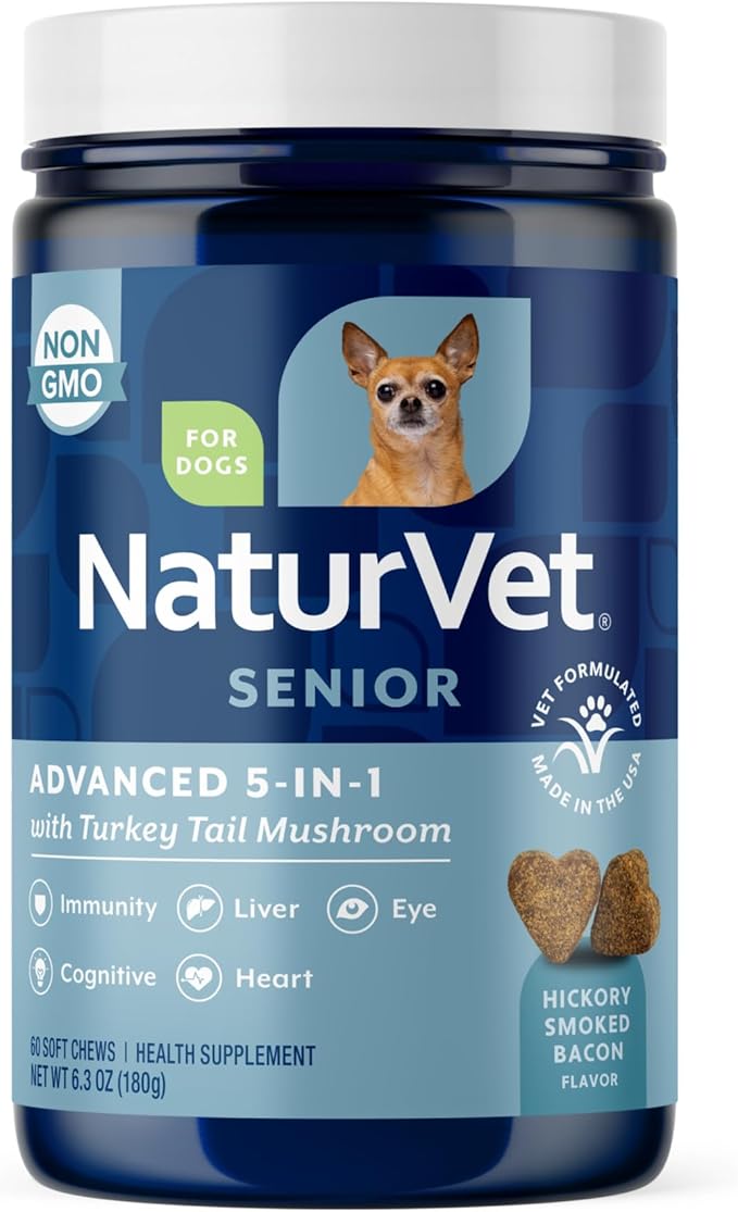 Senior Advanced 5-in-1 Support Dog Supplement – Helps Support Immune System, Heart, Liver, Cognitive Function, Eye Health – Includes Ginkgo Biloba, Lutein – 60 Ct.