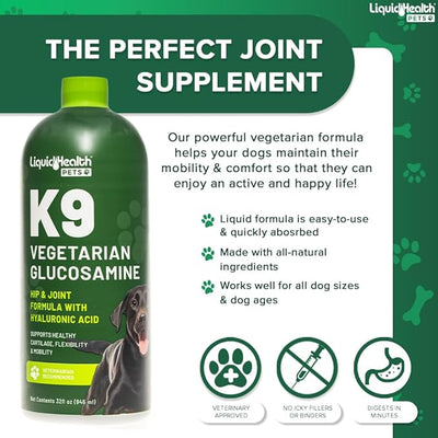 LIQUIDHEALTH Pets K9 Vegetarian Liquid Glucosamine Juice for All Dogs Canines with Chondroitin, MSM, Omega 3, Antioxidants, Hyaluronic Acid - Dog Vitamin Oil for Hip & Joint Health - USA Made (2 Pack)