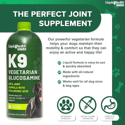 LIQUIDHEALTH Pets K9 Vegetarian Liquid Glucosamine Juice for All Dogs Canines with Chondroitin, MSM, Omega 3, Antioxidants, Hyaluronic Acid - Dog Vitamin Oil for Hip & Joint Health - USA Made (3 Pack)