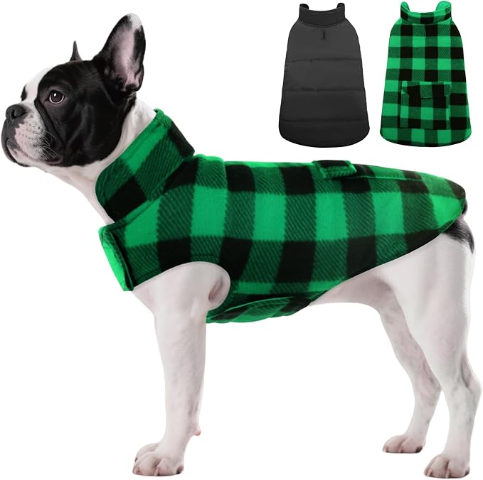 Dog Winter Coat, Fleece Doggie Jacket Plaid Reversible Vest Waterproof Windproof Cold Weather Clothes for Small Medium Large Dogs (S, Green)