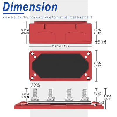 Heavy Duty Bus Bar 300A 12V Power Distribution Block with 5/16" (M8) 4-Posts Terminals Block with Cover for Automotive, Marine, Battery System(Red)