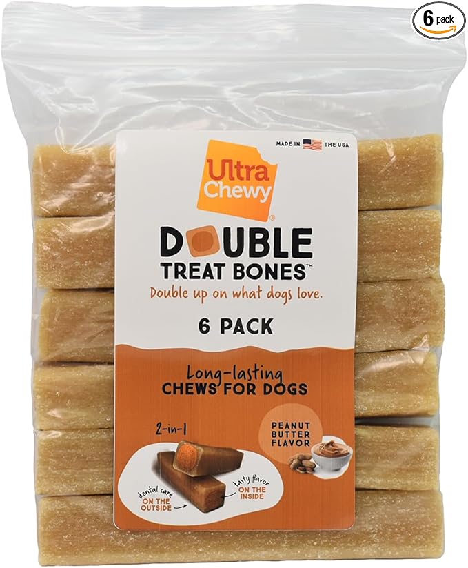 Peanut Butter Double Treat Bones: Long-Lasting Chews Made in USA, Highly Digestible, for Aggressive Chewers (Peanut Butter, 6 Count)