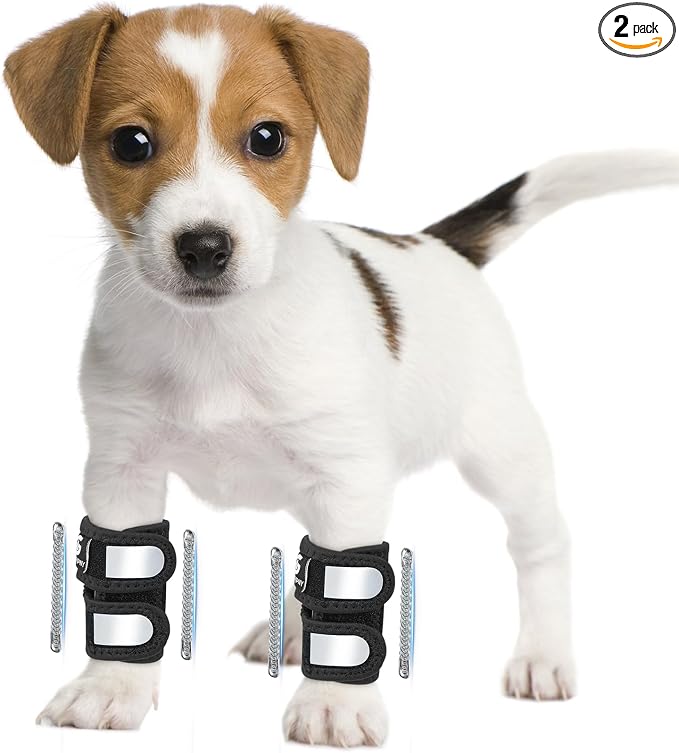 Pair of Dog Leg Braces for Front Hock Joint, Dog Front Leg Wrist Brace with Metal Spring Inserts, Dog Leg Sleeve with Reflective Straps, Prevents Injuries and Sprains, XS/S
