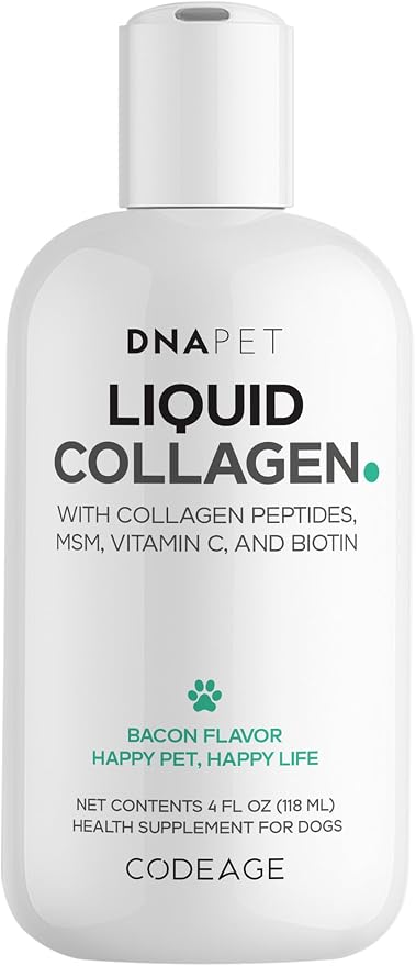 Liquid Collagen for Dogs, Beef Peptides, Bacon Flavor, 4 fl oz | Bacon-flavored liquid collagen for dogs with beef collagen peptides, vitamin C, biotin and MSM. For all breeds.