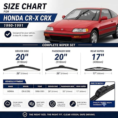 AERO Wipers OEM Replacement for Honda CR-X CRX 1991-1990, 20"+20" Front + 17" Rear, All-Season Windshield Wiper Blades with Extra Squeegee Refills + 1-Year Warranty (Set of 3)