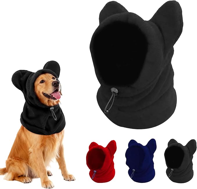 Dog Snood Winter Hood with Ear Protection, Fleece Neck Warmer for Dogs, (Black, Small)