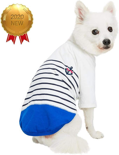 Blueberry Pet Soft & Comfy Summer Vacation Beach Cotton Dog T-Shirt in Blue Stripes, Sea Lover Shirt Tank Top Clothes, Back Length 14", for Small Medium Dogs